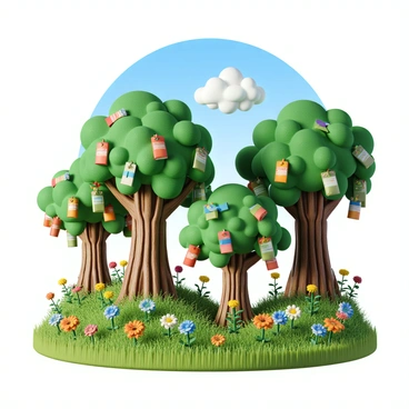 A whimsical garden filled with lush greenery and vibrant flowers. In the center, there are trees with thick trunks and sprawling branches. Instead of leaves, the trees are adorned with colorful certificates hanging like fruits. Each certificate has a unique design, featuring different colors and patterns. The ground is covered with soft grass interspersed with blooming flowers in various shades. A clear blue sky overhead is dotted with fluffy white clouds, completing the enchanting scene.