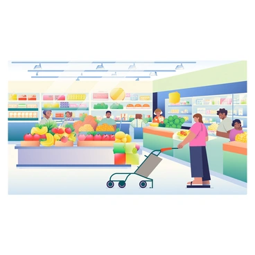 A modern grocery store interior features neatly arranged produce displays. Fresh fruits and vegetables are organized by type, with vibrant colors showcasing red apples, yellow bananas, and green leafy vegetables. Aisles are clearly labeled, with shelves stocked with various packaged goods and products. Bright overhead lighting illuminates the space, highlighting the cleanliness of the polished floors. Shopping carts are visible, with a few customers browsing and selecting items. The layout is spacious, allowing for easy navigation through the store.