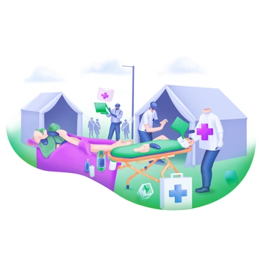 A modern pastel illustration depicting a field hospital scene. In the center, there are medics in uniforms working diligently. One medic is attending to an injured soldier lying on a stretcher, while another medic is checking a medical kit nearby. Surrounding them are tents set up for medical care, with various medical supplies visible, such as bandages and intravenous fluids. In the background, a few other soldiers are seen waiting for assistance. The overall atmosphere conveys a sense of urgency and care amidst a wartime setting.