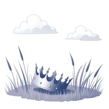 A simple crown made of intricate metalwork lies amidst tall grass with blades swaying gently in the breeze. The crown has delicate points and small embellishments, reflecting a sense of elegance. The tall grass surrounds the crown, creating a natural frame, while the sky above stretches wide and expansive. White clouds drift lazily across the sky, adding depth to the scene.