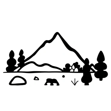 A solitary mountain rising majestically against the horizon, its rugged peaks sharply defined. Surrounding the base of the mountain, various trees and shrubs dot the landscape, creating a natural frame. In the foreground, a few rocks and boulders are scattered across the ground, enhancing the rugged terrain. The scene captures the stillness of nature, with the mountain standing tall and unyielding. The atmosphere suggests the presence of distant wildlife, indicated by the outlines of animals blending into the landscape. The image embodies the essence of nature's harmony and solitude.