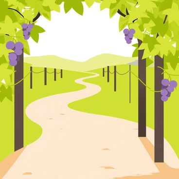 A winding path leads through a vineyard. The path is bordered by rows of lush green vines, with intertwining branches creating a natural canopy overhead. Grapes hang from the vines, some ripe and purple, while others are still green. The ground is covered with soft dirt, and small pebbles are scattered along the path. Sunlight filters through the leafy branches, casting dappled shadows on the ground. In the distance, gentle hills can be seen, enhancing the serene landscape.