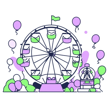 A carnival scene is displayed on a banner. The foreground features a large Ferris wheel with seats in circular patterns. Colorful balloons are scattered throughout the background, floating in various directions. The Ferris wheel is outlined with intricate details, capturing its structure and height. The balloons are depicted in clusters, showcasing different shapes and sizes. The overall composition of the banner presents an uplifting atmosphere indicative of a lively carnival.