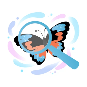 A loupe focused on a colorful butterfly wing, showing its intricate patterns