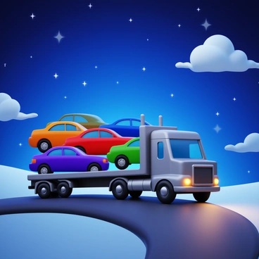 A car transport truck loaded with several colorful cars is driving on a winding road. The truck's metallic surface reflects the light of the stars above. The sky is dotted with numerous bright stars, creating a vivid backdrop against the dark night. Soft clouds drift lazily in the sky, and the glow of the moon illuminates the scene, casting gentle shadows on the ground. The truck's headlights are on, illuminating the road ahead.