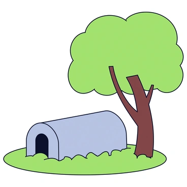 An empty tomb made of gray stone with an arched top. The tomb is nestled in soft, green grass. Next to the tomb stands a solitary tree with a thick trunk and a sprawling canopy that covers a large area. The leaves of the tree are rich green, providing shade over the tomb. The background is clear, without any additional elements.