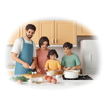 A family of four is gathered in a cozy kitchen, with warm wooden cabinets and soft lighting. The father, wearing a blue apron, is chopping vegetables on a wooden cutting board, while the mother, in a red shirt, is stirring a pot on the stove. A young girl, wearing a yellow dress, is reaching for a bowl of flour on the counter, and a teenage boy, in a green t-shirt, is laughing as he sprinkles herbs over the dish. Ingredients such as tomatoes, onions, and fresh herbs are scattered across the counter, creating a lively cooking atmosphere. Everyone is smiling and enjoying the time spent together.