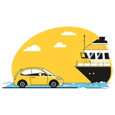 A small car parked on a ferry deck, facing the open sea. The car is compact and has a sleek design, emphasizing its size. The ferry is surrounded by expansive waters that appear calm and reflective. The sun casts soft shadows on the car and ferry, highlighting their shapes against the background of the water. In the distance, gentle waves can be seen lapping against the sides of the ferry.