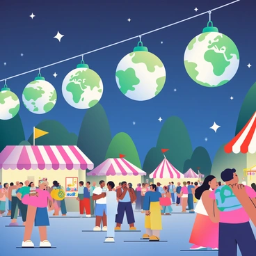 A series of lanterns shaped like "Earth" are illuminating a vibrant night festival. The lanterns hang from strings above the festival grounds, casting a warm glow on the attendees below. Each lantern features detailed depictions of the continents and oceans in shades of blue and green. People of various backgrounds are enjoying the festivities, some holding colorful snacks and drinks. In the background, stalls adorned with bright decorations offer a variety of goods. The night sky is deep blue, scattered with twinkling stars, creating a magical atmosphere around the event.