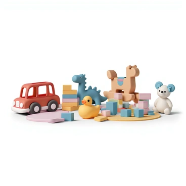 A playful bundle of children's toys scattered on a nursery floor