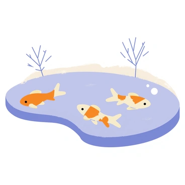 A pond filled with clear water has a thin layer of ice forming on top. Beneath the ice, colorful orange and white koi fish swim gracefully, their fins elegantly moving through the water. The surrounding scenery includes bare tree branches outlined against the winter sky, with a dusting of snow on the ground. Small bubbles rise from the koi as they glide beneath the icy surface of the pond.