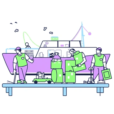 A group of dock workers wearing safety vests is loading supplies onto a ferry. The workers are standing on a wooden dock, surrounded by wooden crates and bags of supplies. One worker is using a hand truck to move a crate, while another is lifting a bag with both hands. In the background, the ferry is moored, showing its large hull and deck. A few seagulls are flying overhead, and there are ropes and pulleys visible near the ferry. The scene conveys a sense of teamwork and activity as the workers efficiently prepare the ferry for departure.