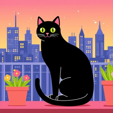A black cat with bright green eyes is sitting on a wooden balcony railing. The cat's fur is glossy, reflecting the fading light of the dusk. Below, a bustling cityscape is visible, filled with tall buildings and glowing windows. The sky transitions from orange to deep blue as the sun sets. Tiny lights begin to twinkle throughout the city, creating a vibrant atmosphere. In the foreground, potted plants with colorful flowers are placed on the balcony, adding a touch of nature to the urban scene.