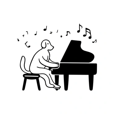 A Labrador with a shiny coat, sitting on a wooden stool, is playing a grand piano using its paws. The piano is polished and reflects light subtly. Surrounding the Labrador, there are multiple musical notes floating in the air, some coming from the strings of the piano, creating a dynamic sense of music. The scene captures a moment of activity, with the Labrador's body positioned as if engaged in creating sound. The background is simple, focusing on the interaction between the Labrador and the piano.