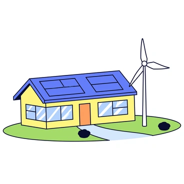 A modern house with a flat roof, featuring multiple solar panels installed on the surface. In the yard, there is a tall wind turbine standing on a grassy area. The house has large windows that reflect the sunlight and a wooden door at the front. The surrounding yard includes a few small bushes and a pathway leading to the entrance. The scene is bright and clear, showcasing the eco-friendly energy sources.