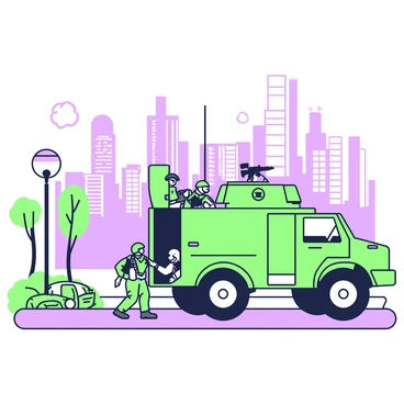 A group of soldiers is disembarking from an armored vehicle in a bustling urban environment. The armored vehicle is large, featuring a robust exterior with visible panels and a turret. The soldiers are wearing tactical uniforms with helmets and gear, each equipped with weapons. Some are stepping down from the vehicle's rear ramp, while others are scanning the area for potential threats. Skyscrapers and buildings in the background provide a sense of the cityscape, while a few scattered debris and vehicles on the street emphasize the urban setting. A streetlight stands nearby, and a faint outline of trees is visible in the distance.