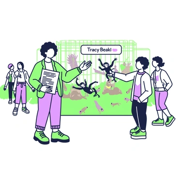 Tracy Beaker is standing in front of a zoo enclosure, wearing a bright jacket and jeans. She has short, curly hair and is holding a folded map in her left hand. With her right hand, she is enthusiastically pointing towards a group of animals in the enclosure. The enclosure features several playful monkeys swinging from branches and a few colorful birds perched nearby. In the background, other zoo visitors can be seen walking along the paths, some looking at the map with curiosity. A large sign indicating the name of the animals is visible on the enclosure.