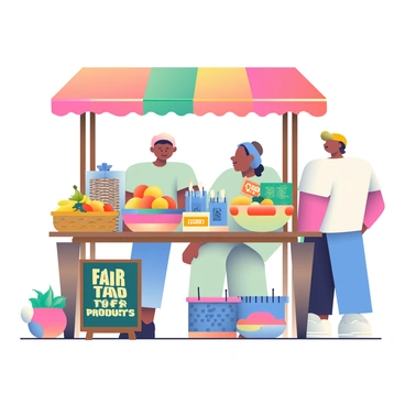 A market stall is set up outdoors, showcasing a variety of fair trade products. The stall has a wooden structure with an awning made from colorful fabric. On the table, there are baskets filled with organic fruits such as bananas and oranges, alongside bags of fair trade coffee and tea. There are handmade crafts, including woven baskets and textiles, neatly arranged for display. Brightly colored labels on each product highlight their fair trade status. A small chalkboard sign at the front of the stall reads "Fair Trade Products" in bold, eye-catching letters. The scene is lively, with people browsing and interacting with the stall.