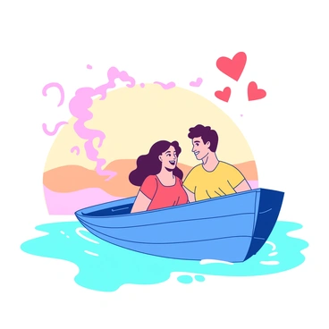 A blue small boat is sailing smoothly on a calm body of water. Inside the boat, there is a couple, a man and a woman, smiling at each other as they share a romantic moment. The man has short brown hair and is wearing a yellow shirt, while the woman has long curly hair and is dressed in a red dress. Behind the boat, there is a whimsical trail of pink heart-shaped smoke drifting into the air, creating a playful and loving atmosphere. The sky above is a soft gradient transitioning from orange to teal, enhancing the cheerful scene.
