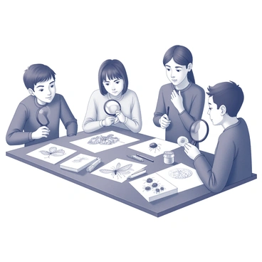 A group of students gathered around a large table, each focused intently on their work. They are using magnifying glasses to examine various insects closely. One student is sketching a detailed illustration of a butterfly, with its wings fully spread, showcasing intricate patterns. Another student is drawing an ant, paying attention to its segmented body and antennae. A third student is illustrating a ladybug, capturing its distinctive spots. The table is scattered with various drawing tools, papers filled with sketches, and several live insects in small containers for observation.