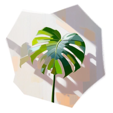 A large monstera leaf with deep green, glossy foliage is positioned in front of a well-lit wall. The sunlight filters through the leaf, creating intricate shadow patterns on the surface behind it. The shadows display the unique holes and cuts of the leaf, forming interesting shapes and designs that stretch across the textured wall. The contrast between the vibrant green leaf and the soft, muted tones of the wall enhances the visual impact of the scene.