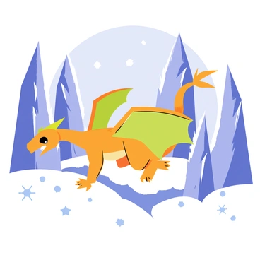 Charizard navigating a frozen landscape with icy cliffs and snowflakes