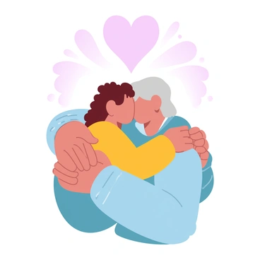 A child with curly hair is hugging an elderly woman with gray hair. The child is wearing a bright-colored sweater, while the grandmother is dressed in a cozy cardigan. Their arms are wrapped around each other, conveying a sense of closeness. Soft patterns fill the background, creating a warm atmosphere. Above them, a large heart shape is present, symbolizing love between generations.