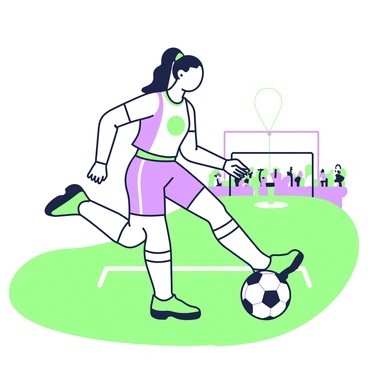 A strong female football player is dribbling a football on a grassy field. She has long hair tied back in a ponytail, and she is wearing a fitted sports jersey and shorts. Her athletic shoes are designed for traction on the field. As she skillfully maneuvers the ball, her focused expression shows her determination. In the background, there are goalposts, and a distant crowd is visible, adding to the sports atmosphere. The ball is positioned close to her foot, highlighting her control.