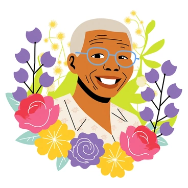 A portrait of "Nelson Mandela" set against a vibrant background filled with various "colorful flowers." The flowers include bright red roses, yellow daisies, and purple orchids, creating a lush and lively scene. Nelson Mandela is smiling gently, wearing a patterned shirt, and his iconic rounded glasses reflect wisdom and warmth. The flowers encircle him, adding a sense of celebration and life to the image.