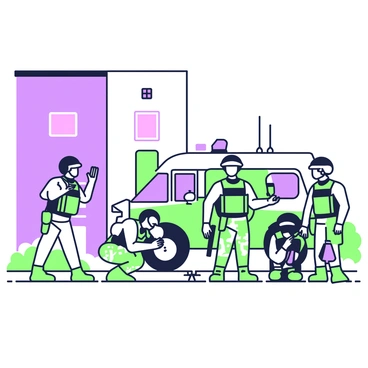 A SWAT team is positioned outside a building as dawn light begins to illuminate the scene. The team consists of five members, each wearing tactical gear that includes helmets, body armor, and utility belts. One member is crouched down, checking equipment while another is signaling to the others with hand gestures. The team leader stands in front, holding a breaching tool, and scanning the area. The building is tall and has a few windows, with the early morning sky in the background transitioning from dark to light. A police vehicle is parked nearby, equipped with lights and antennas, adding to the tactical atmosphere of the scene.