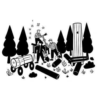 A group of lumberjacks in a dense forest, each wearing plaid shirts and sturdy boots. They are actively chopping down tall trees, with some logs already on the ground. Several logs are being loaded onto wooden carts, which are pulled by horses. The forest floor is covered with fallen leaves and small branches. In the background, there are more trees standing, creating a sense of depth in the scene.