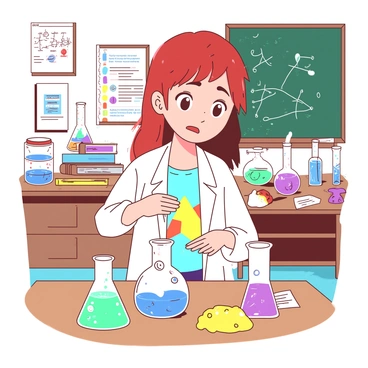 A red-haired girl, "Tracy Beaker," is standing at a wooden lab table in a classroom filled with various science equipment. She is wearing a white lab coat over a colorful t-shirt. In front of her, there are several glass beakers containing "bubbling liquids" of different colors. The liquids are frothing and producing small bubbles, creating an exciting atmosphere. Tracy has an expression of concentration as she mixes a blue liquid into a yellow beaker, causing a vibrant reaction. The classroom is decorated with posters of scientific concepts and a chalkboard filled with diagrams in the background.