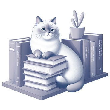 A fluffy Persian cat is nestled comfortably among a stack of books on a wooden library shelf. The cat's fur is thick and voluminous, creating a soft outline against the various book spines. The books are arranged in a mix of vertical and horizontal positions, with some titles visible, showcasing a variety of genres. The shelf is lined with more books, filling the background. A warm and inviting atmosphere surrounds the scene, enhanced by the presence of a small potted plant sitting on the edge of the shelf. The cat appears relaxed, with its eyes half-closed, enjoying its cozy spot among the literary collection.