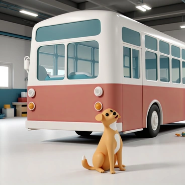A friendly dog, with a golden coat and a white patch on its chest, is sitting beside a large, red and white parked bus. The dog's tail is wagging enthusiastically, showing its playful nature. The scene is set inside a spacious garage, with concrete floors and various tools and equipment scattered around. The bus features large windows and a shiny exterior, reflecting the overhead lights. The atmosphere is lively, filled with the warm glow of fluorescent lighting.