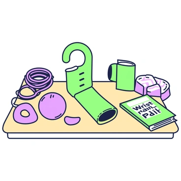 A collection of various wrist pain relief products is arranged on a wooden table. In the center, there is a green wrist brace with adjustable straps. To the left, a set of purple exercise bands is coiled neatly, with one end slightly unraveling. Next to them, a green ergonomic wrist support rests beside a small purple stress ball. On the right side of the table, there are a few purple ice packs shaped for wrists, stacked neatly. Additionally, there is a green book titled "Wrist Pain Relief" lying open, showing diagrams of exercises. Each item is clearly visible, demonstrating different approaches to alleviating wrist pain.