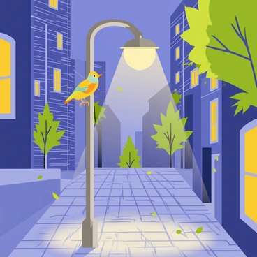 A nightingale with vibrant feathers is perched atop a silver streetlamp. The streetlamp emits a warm yellow glow that illuminates the surrounding cobblestone pavement. Gentle shadows are cast on the nearby brick buildings, which are adorned with small windows reflecting the light. The nightingale is singing, its beak open, and musical notes are visually represented as swirling lines in the air. The moonlight softly shines down, adding a serene ambiance to the quiet city street. A few scattered leaves from nearby trees flutter in the night breeze, enhancing the peaceful scene.