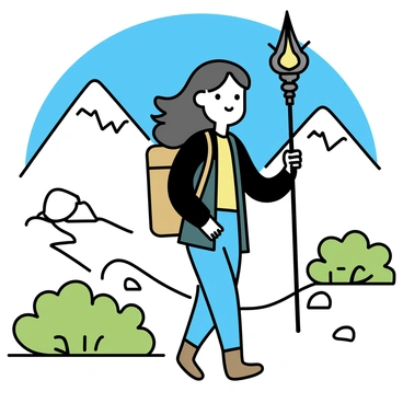 A modern witch hiking through mountains. She has long, flowing dark hair and is wearing a dark green jacket and brown hiking boots. In her right hand, she holds a tall, intricately carved magical staff topped with a glowing crystal. The background features rugged mountain peaks under a bright blue sky. The witch is walking on a narrow trail surrounded by vibrant green shrubs and scattered rocks.