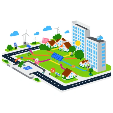 A detailed visual diagram of a city's energy network. The diagram features colorful lines representing energy connections branching out from a central power source. Homes are depicted as small, cartoon-style houses with chimneys, while businesses are represented as taller buildings with large windows. The connections between the power source, homes, and businesses are clearly shown, with arrows indicating the flow of energy. Various icons symbolize renewable energy sources, such as wind turbines and solar panels. The background includes green spaces and roads to enhance the cityscape.