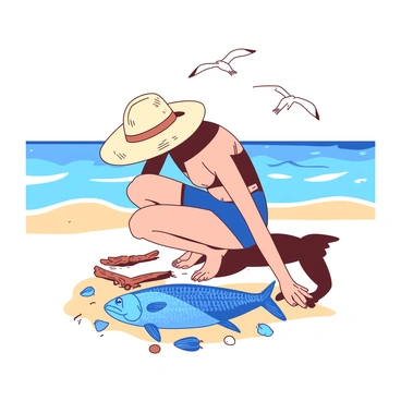 A beachcomber with a beige sunhat is crouching down on a sandy shore, examining a vibrant blue fish that has washed up on the beach. The fish has shimmering scales that reflect the sunlight. Around the beachcomber, there are scattered seashells and small pieces of driftwood. In the background, gentle waves are lapping at the shore while a few seagulls are soaring in the clear sky above.