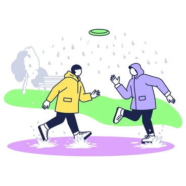 Two people are playing frisbee in the rain, surrounded by splashes of water. One person is wearing a bright yellow raincoat, and the other is in a blue raincoat. They are illuminated by the gray sky above, and their feet are splashing in puddles as they run. The frisbee is flying through the air, caught at the peak of the motion. Raindrops are visible all around, creating ripples in the puddles below. In the background, there are blurred outlines of trees and a distant park bench.