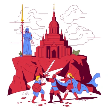 A red majestic temple stands on a rocky cliff, surrounded by swirling white clouds. In front of the temple, a tall blue statue of a god with intricate details is holding a shining golden spear. Nearby, a group of heroes, wearing vibrant armor, is gathered in dynamic poses. One hero, with a flowing blue cape, is raising a silver sword high, while another hero, with a red shield, is preparing for battle. The ground is littered with fallen leaves and small white flowers, adding depth to the scene. Bright light emanates from behind the temple, creating a glowing backdrop.