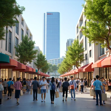 A busy shopping district filled with a diverse crowd of shoppers. There are people of various ages and ethnicities carrying shopping bags and browsing storefronts. Some individuals are gathered in small groups, animatedly chatting, while others are walking alone, absorbed in their purchases. In the background, "Landmark 81," a tall skyscraper, stands prominently, its glass facade reflecting sunlight and glistening against the blue sky. The street is lined with colorful awnings and vibrant shop displays, adding to the lively atmosphere.