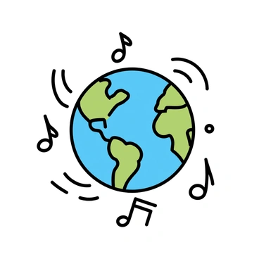 A simple Earth globe, depicting blue oceans and green continents, is at the center of the image. Around the globe, various music notes are swirling in different sizes and orientations. The notes include quarter notes, eighth notes, and treble clefs, all illustrated in a minimalist style. The background is plain to emphasize the globe and the swirling notes.