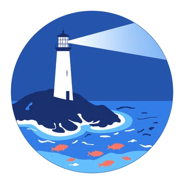 A white lighthouse stands tall on a rocky coastline, its light beam cutting through the darkness of night. The lighthouse is surrounded by a deep blue ocean, where waves gently lap against the shore. The light from the lighthouse illuminates a portion of the water, revealing a school of vibrant orange fish swimming gracefully beneath the surface. The fish are visible in the bright area created by the lighthouse's beam, contrasting against the darker waters surrounding them.