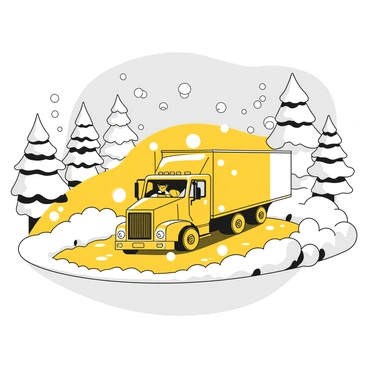 A transport truck driving along a winding road covered in snow, surrounded by tall, white-capped pine trees. The truck's headlights are on, illuminating the flurries of snow falling heavily from a gray sky. Thick snow accumulates on the sides of the road, and visible tire tracks lead through the snowy landscape. The driver is focused, wearing a winter hat and gloves. The scene conveys the challenges of navigating through harsh winter weather.