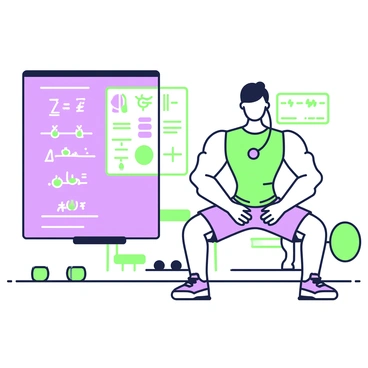 A fitness coach with a muscular build is demonstrating an exercise routine in a gym setting. The coach is wearing a fitted athletic shirt and shorts, with a whistle around their neck. They are performing a squat while facing the viewer. To their left, there is a large chalkboard filled with fitness formulas and diagrams related to training. The chalkboard includes various equations and illustrations of muscle groups being targeted. In the background, gym equipment such as dumbbells and a bench press is visible.