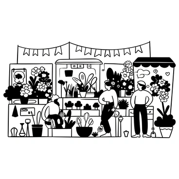 A lively flower festival scene with stalls selling colorful plants and flowers.
