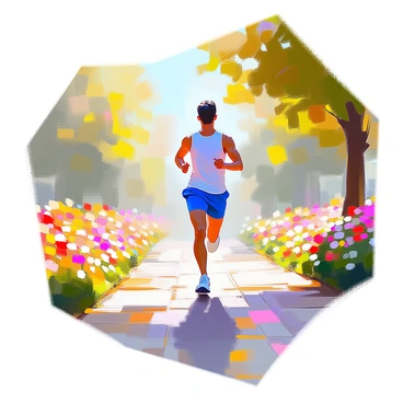 A jogger with light skin, wearing a bright blue athletic outfit, is running energetically through a park. The park is filled with green trees and colorful flower beds that create a vibrant atmosphere. As the jogger moves, they are leaving a trail of swirling light rainbow colors behind them, creating a striking visual effect on the path. The sunlight filters through the leaves, casting dappled shadows on the ground as the jogger continues their route.
