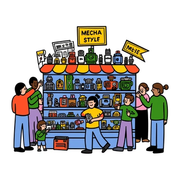 A bustling marketplace stall filled with numerous miniature mecha models and parts displayed on colorful shelves. The stall is surrounded by a diverse group of people examining the models, including a child with big eyes admiring a shiny robot. The models vary in size and design, featuring intricate details like tiny gears and colorful paint. Bright banners and signs hang above the stall, showcasing the various types of mecha available for sale. The scene captures the lively atmosphere of the marketplace, with people chatting and others eagerly pointing at their favorite models.