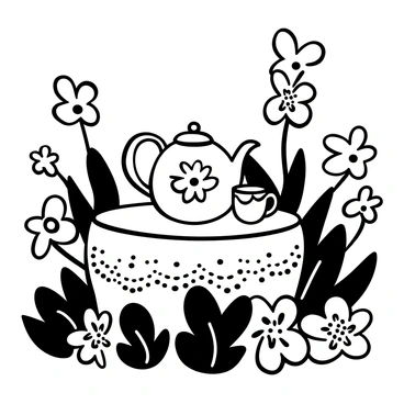 A tea set with intricate designs and "golden trim" sits on a small table surrounded by vibrant flowers in a "sunny garden". The teapot is elegantly shaped with a detailed handle, and there are matching cups placed neatly beside it. A delicate lace tablecloth is draped over the table, enhancing the scene. In the background, various plants and flowers are visible, adding a sense of abundance to the garden setting.